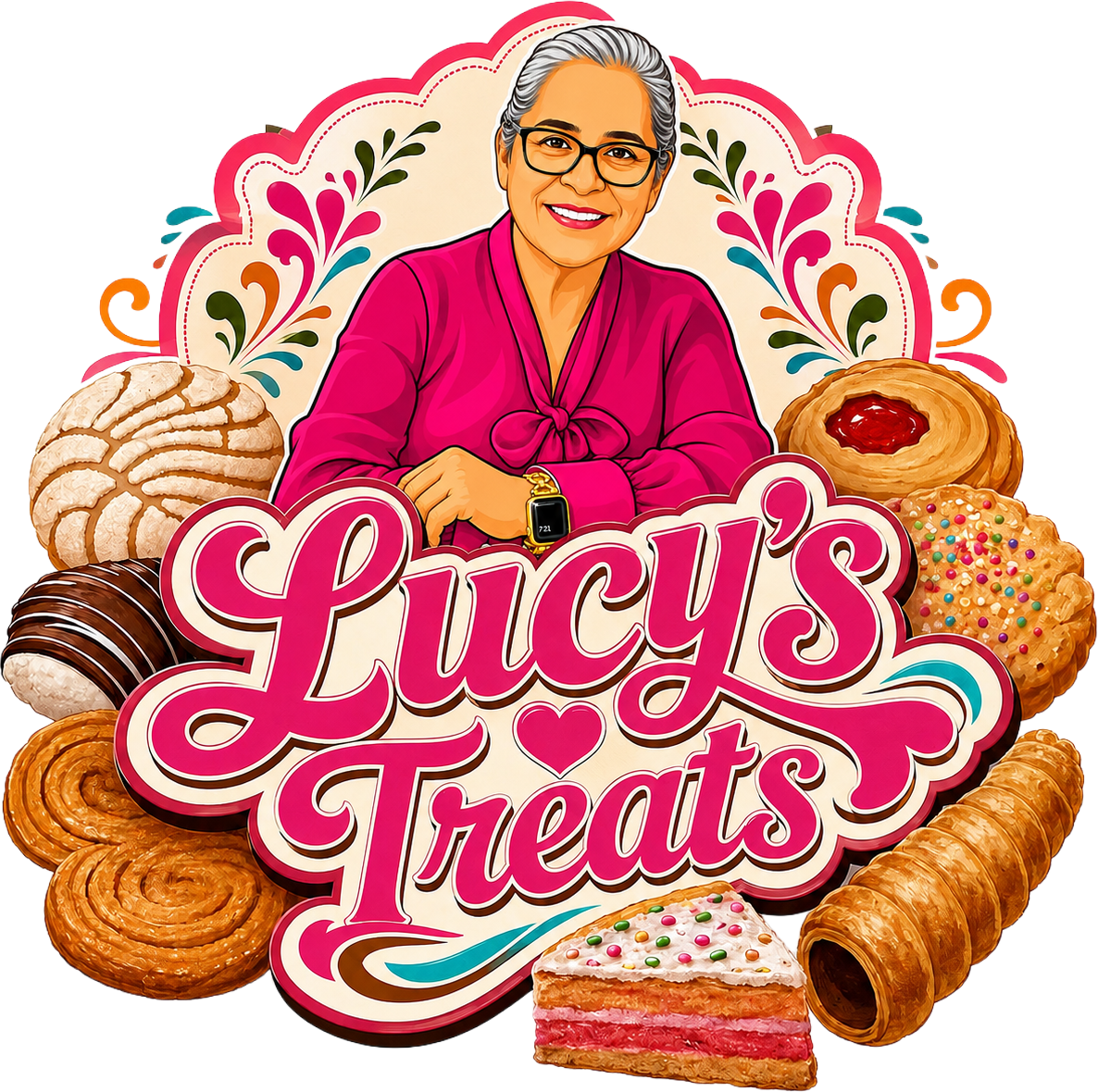 Lucy's Treats – Cartoon abuela with fresh pastries